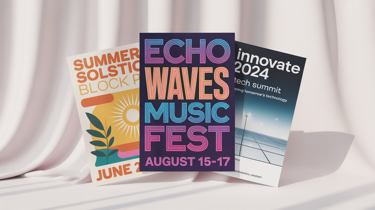 An overhead view of three eye-catching posters for different events, a music festival, a summer party, and a tech conference, arranged on a clean white background to showcase design variety.