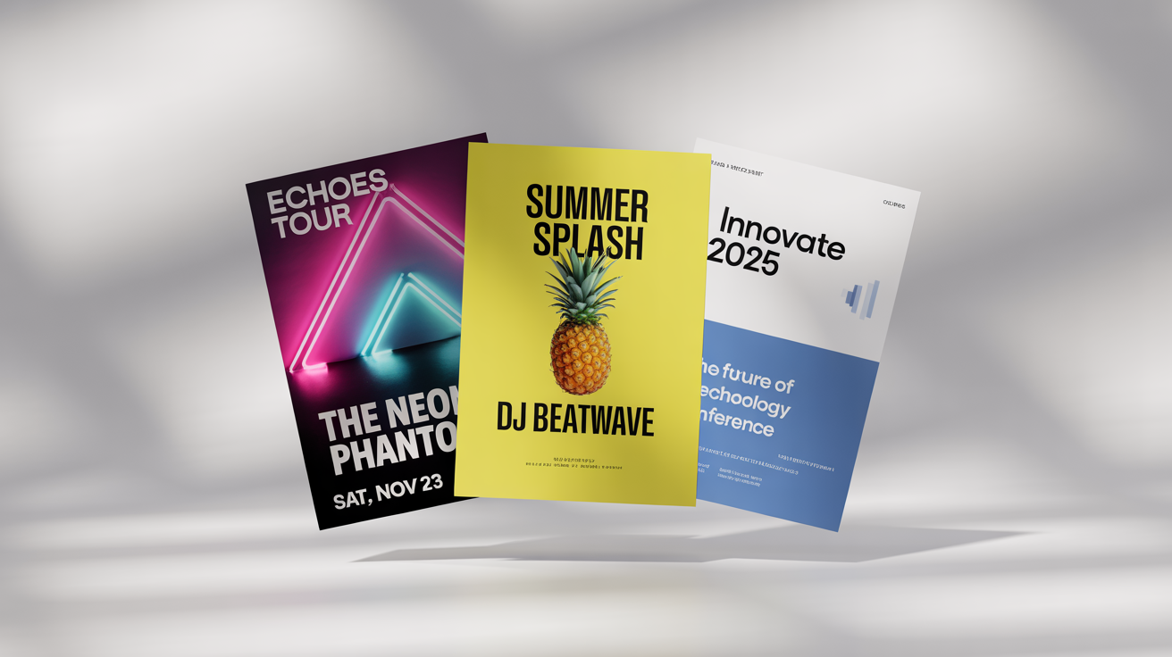 A mockup of three different eye-catching event posters for a concert, a party, and a conference, displayed in a clean arrangement on a white background.