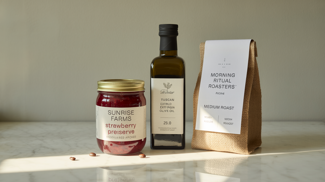 An eye-catching hero image showing three artisanal food products—a jar of jam, a bottle of olive oil, and a bag of coffee—each with a unique, professionally designed label, arranged on a marble surface.