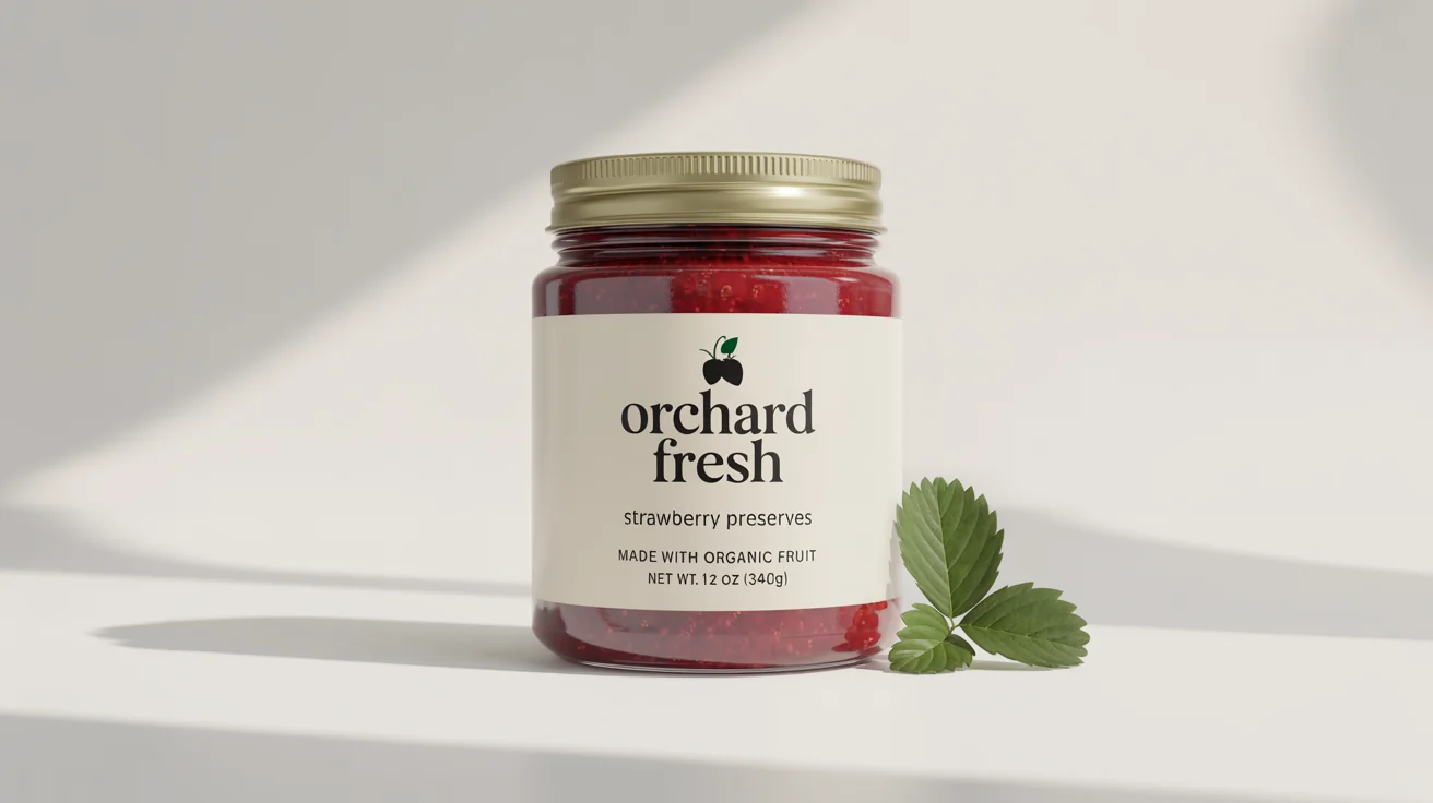 A photorealistic mockup of a glass jar of 'Orchard Fresh' strawberry preserves, showcasing a modern and elegant food label design against a clean white background.