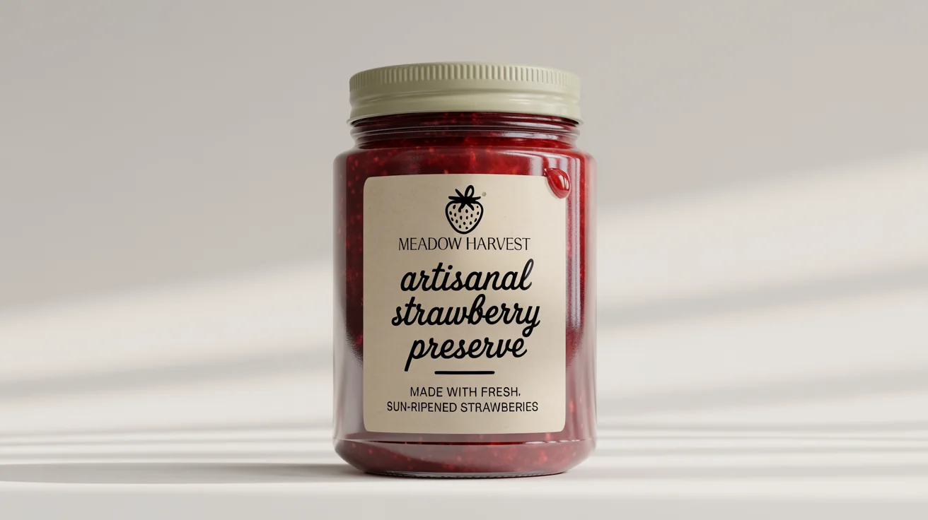 A photorealistic mockup of a glass jar of artisanal strawberry jam on a white background, with a professionally designed food label reading 'Meadow Harvest Artisanal Strawberry Preserve'.