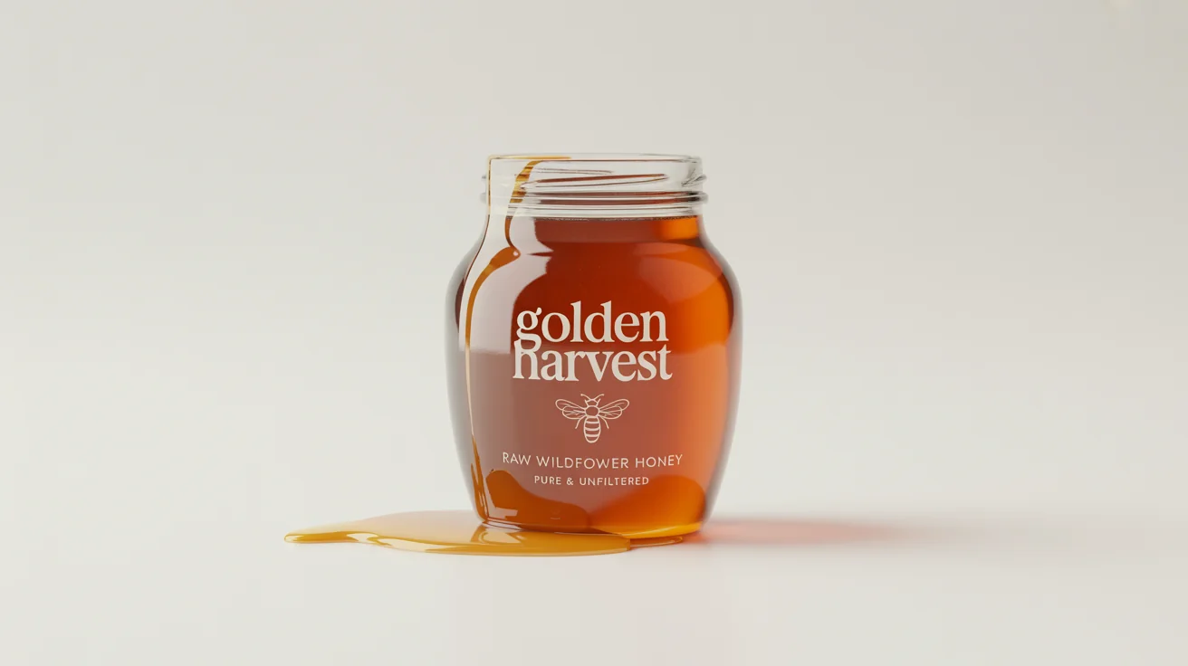 A commercial mockup of a glass jar of honey with a custom food label that reads 'Golden Harvest Raw Wildflower Honey', set against a clean white background.