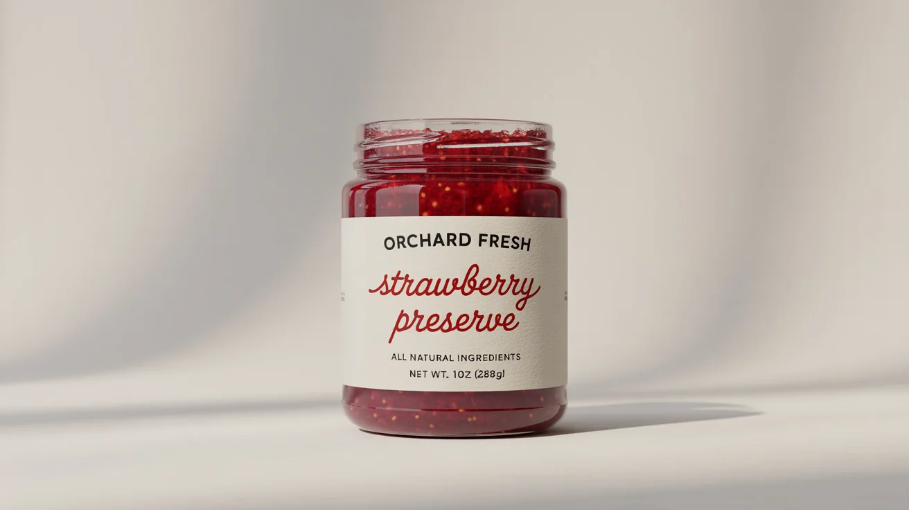 A professional product shot of a jar of 'Orchard Fresh' strawberry preserve, featuring a clean and modern food label design, isolated on a white background.