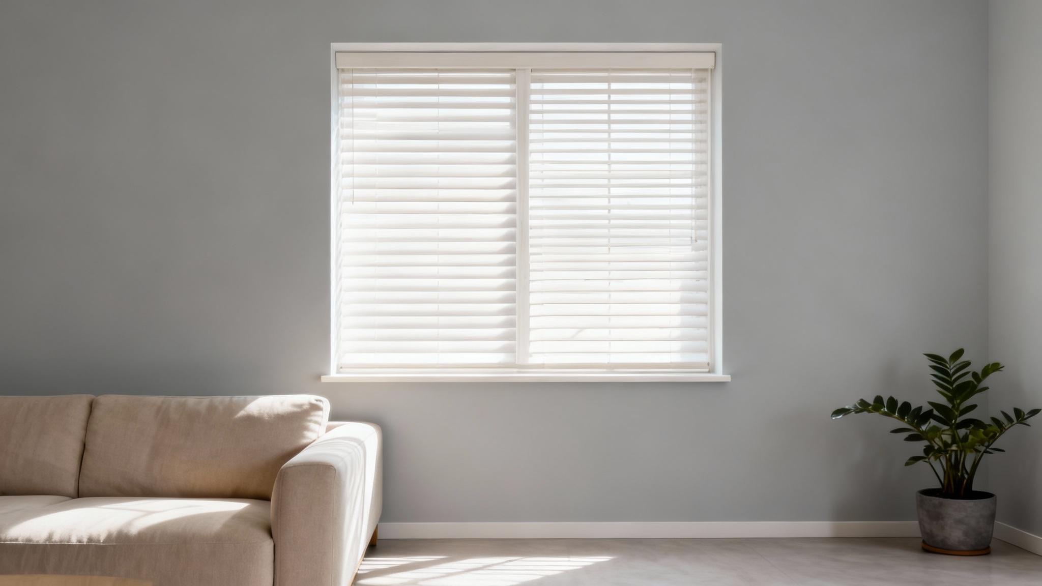 A photorealistic image of a beautiful modern living room with a large window, showcasing perfectly installed white wooden blinds as the final result from a design visualizer tool.