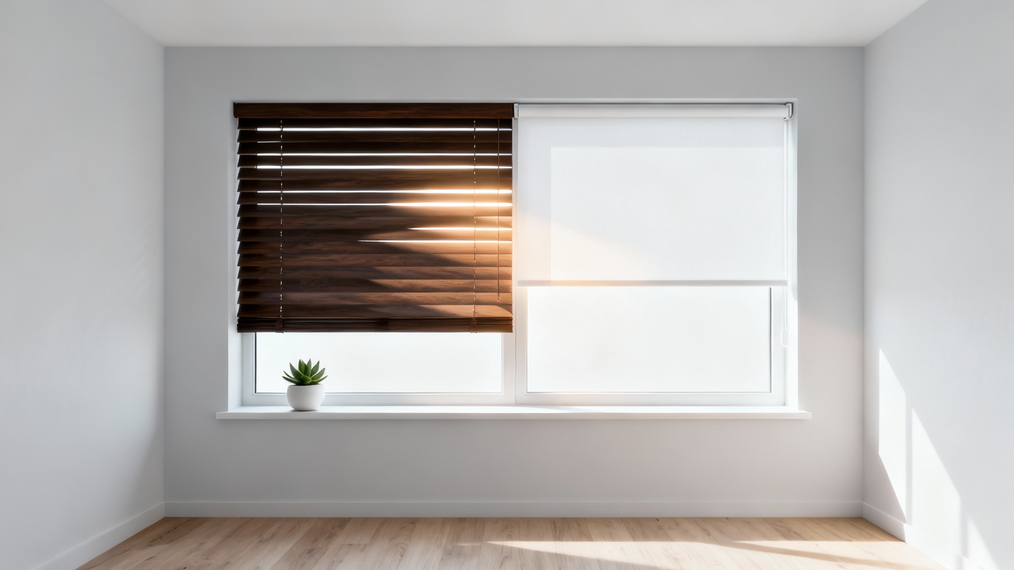 A minimalist room with a window split to show two different blind options: dark wood venetian blinds on the left and a white fabric roller shade on the right, demonstrating a visualizer tool.
