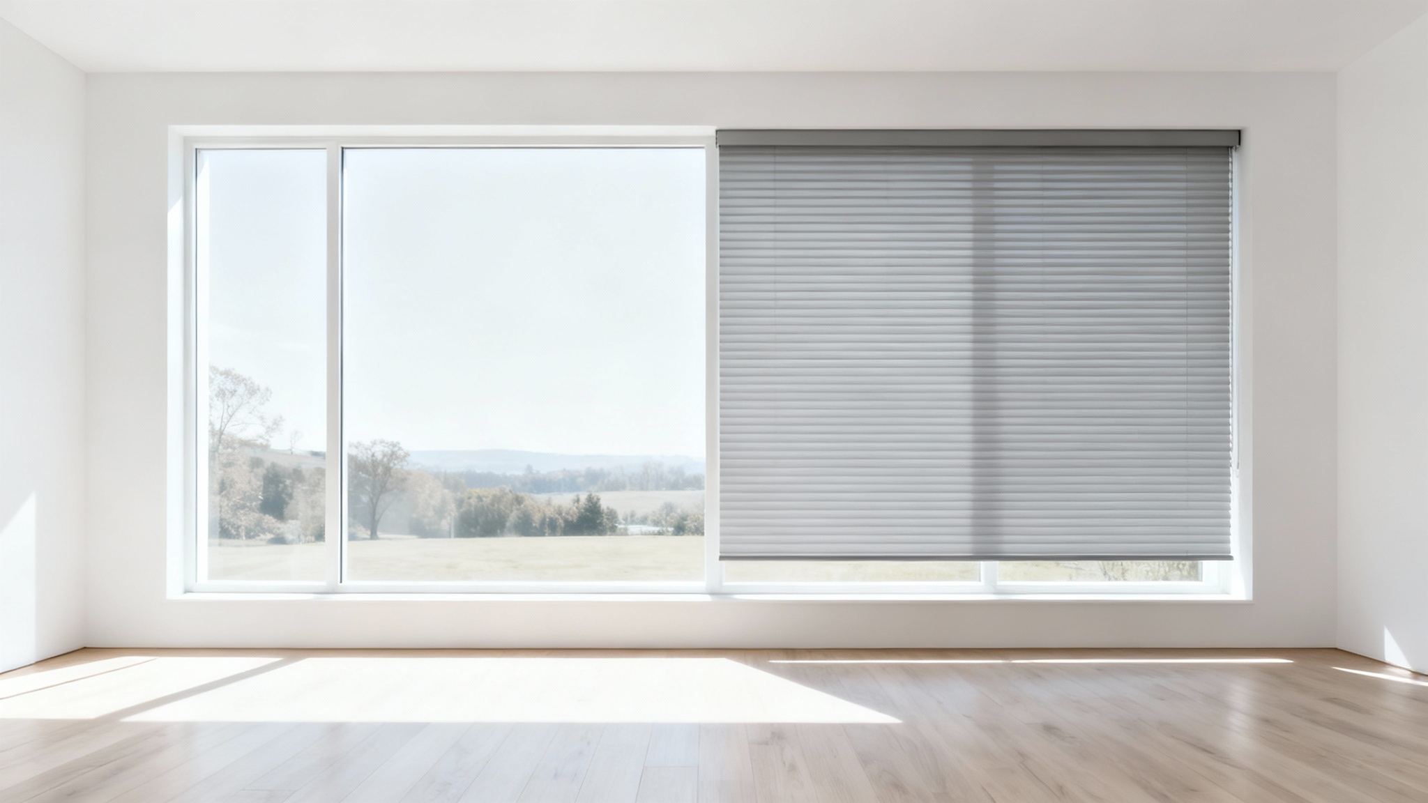 A split-view image of a large window in a minimalist room; one half is bare, and the other half is covered with sleek, light-gray horizontal blinds, demonstrating a blinds visualizer concept.