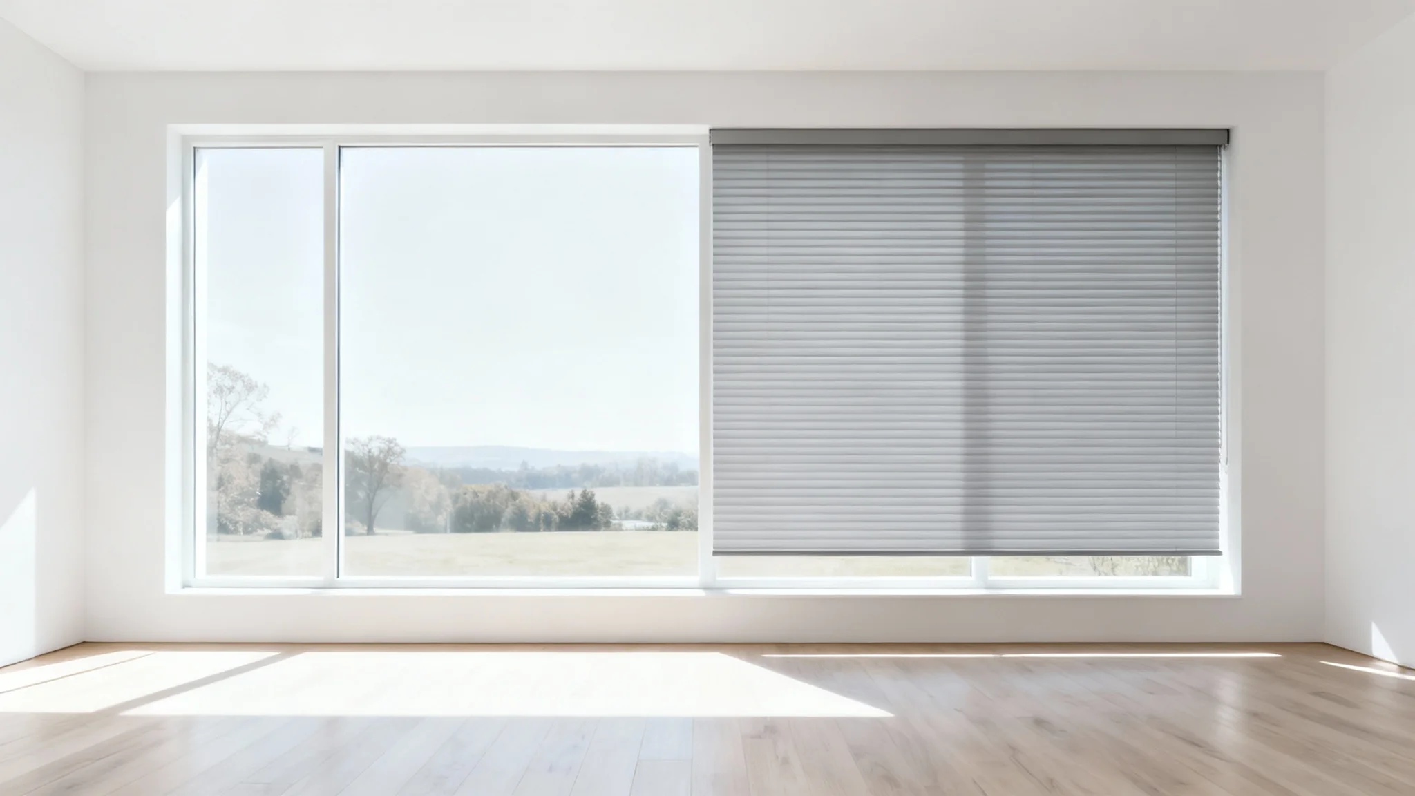 A split-view image of a large window in a minimalist room; one half is bare, and the other half is covered with sleek, light-gray horizontal blinds, demonstrating a blinds visualizer concept.