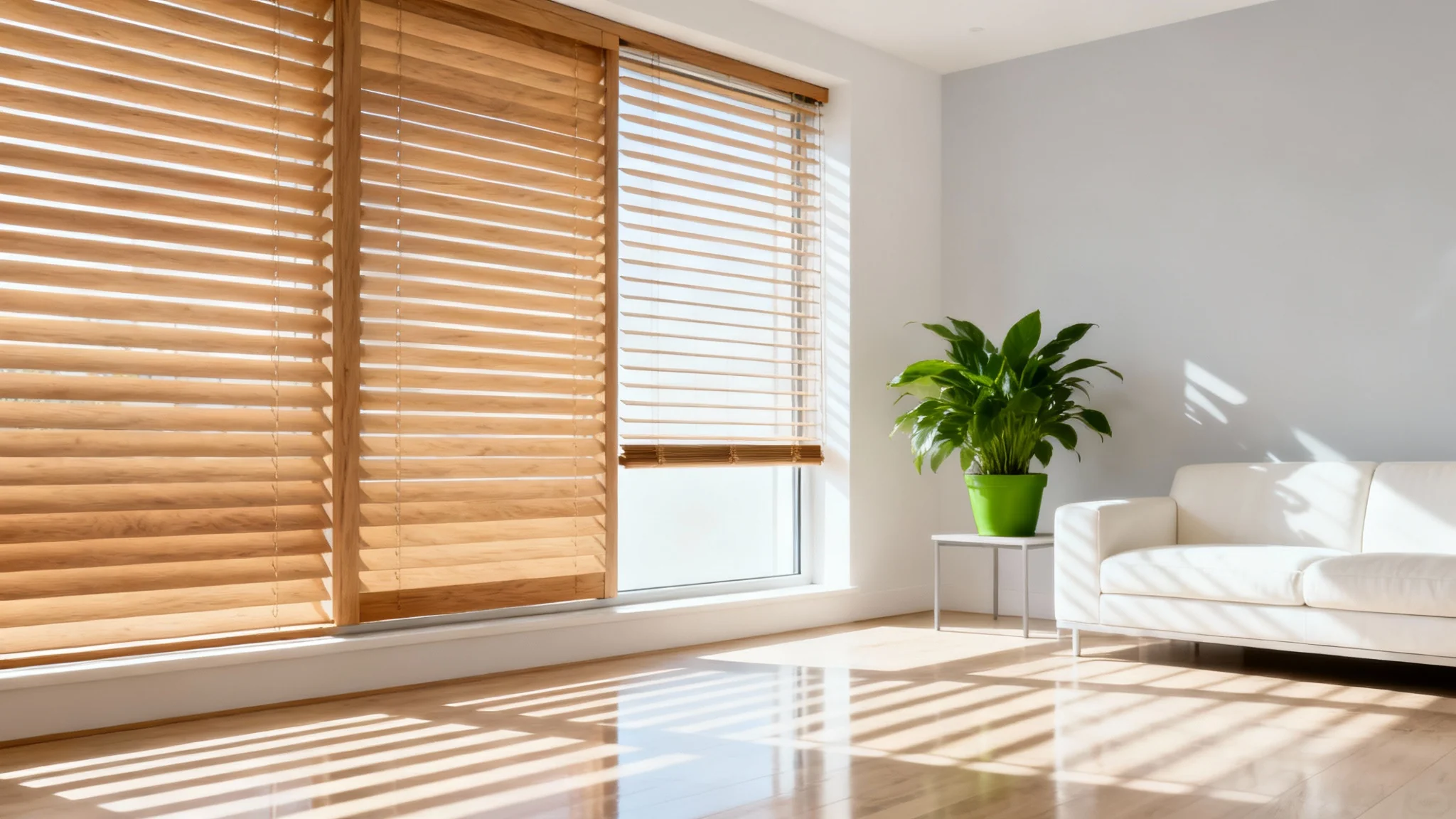 A modern, sunlit living room with a large window featuring stylish wooden venetian blinds, with light streaming through to create soft shadows on the floor.