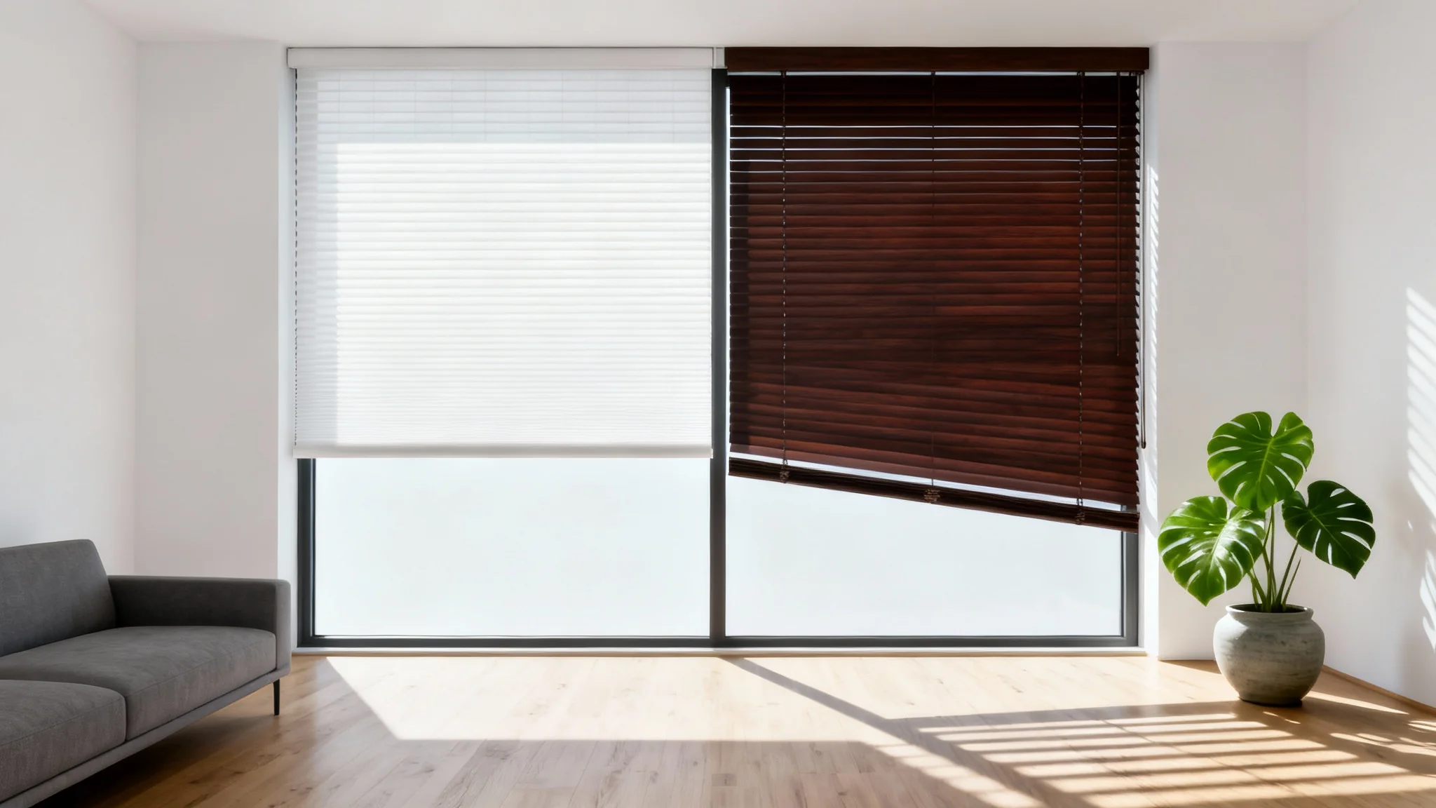 A photorealistic mockup of a modern living room window, split to compare two different blind styles: white cellular shades on the left and dark wood Venetian blinds on the right.