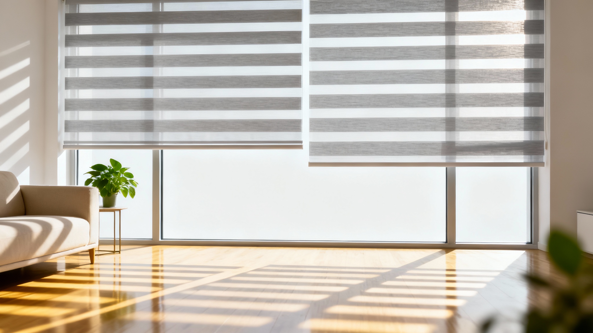 A photorealistic image of a modern living room showcasing stylish zebra blinds on a large window, with sunlight creating patterns on the floor.