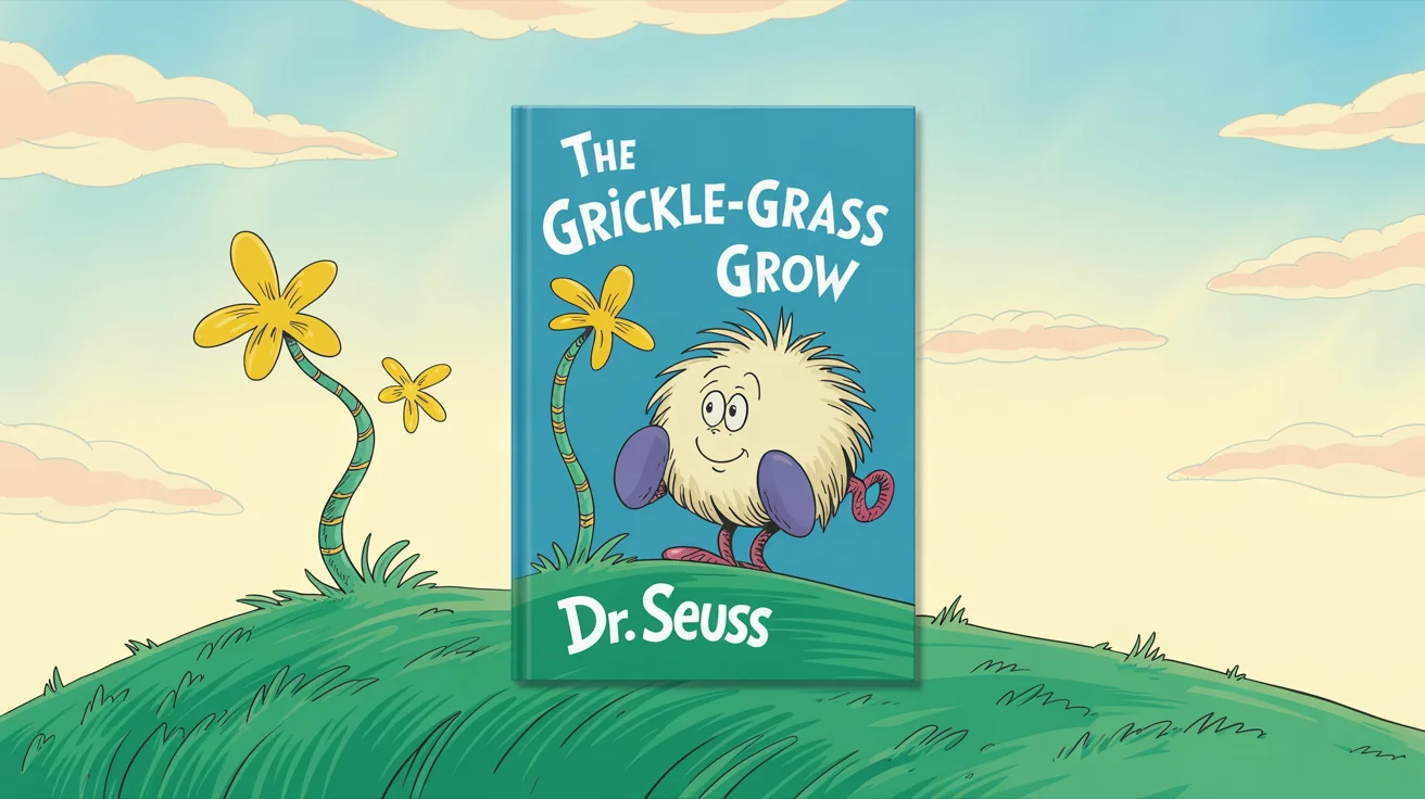 A finished book cover designed in the style of Dr. Seuss, with the fictional title 'The Grickle-grass Grow' and a whimsical creature illustration, presented as a hero image.