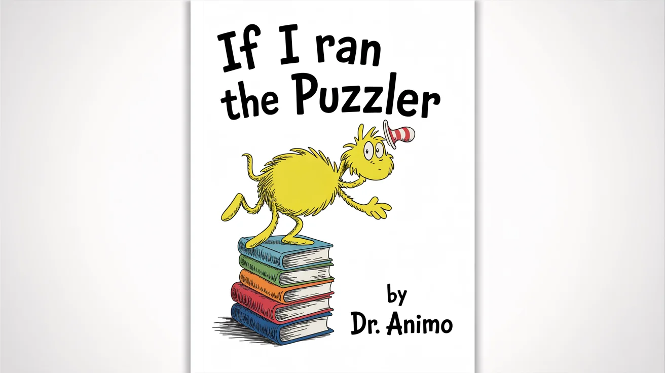 A Dr. Seuss style book cover mockup titled 'If I Ran the Puzzler', showing a whimsical yellow creature balancing on a stack of books.