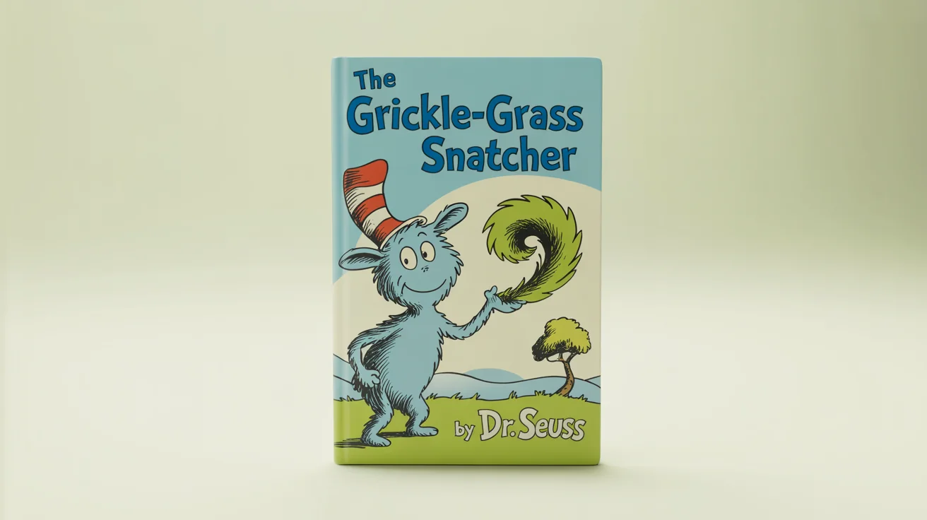 A children's book cover mockup in the style of Dr. Seuss, titled 'The Grickle-grass Snatcher', featuring a whimsical blue creature holding a strange plant. The book is set against a plain white background.