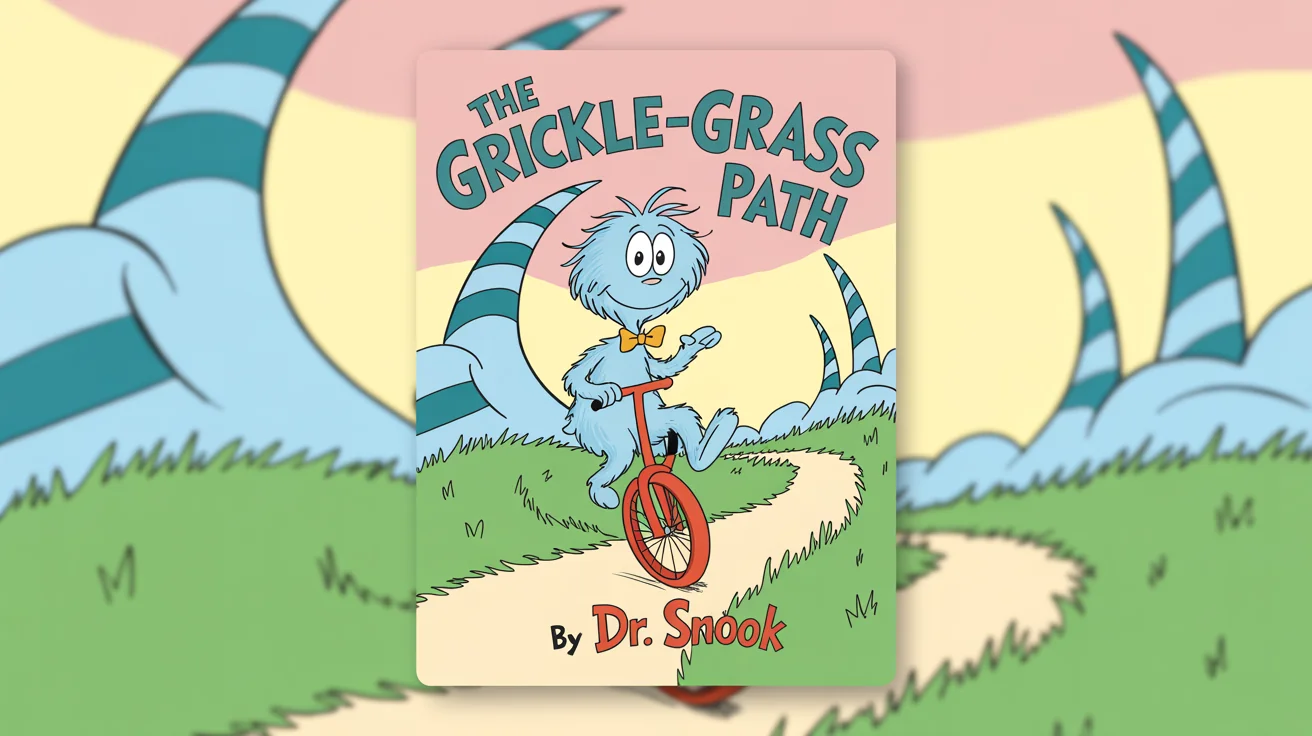 A mockup of a children's book cover in the whimsical style of Dr. Seuss, titled 'The Grickle-grass Path', featuring a fluffy blue creature on a unicycle.