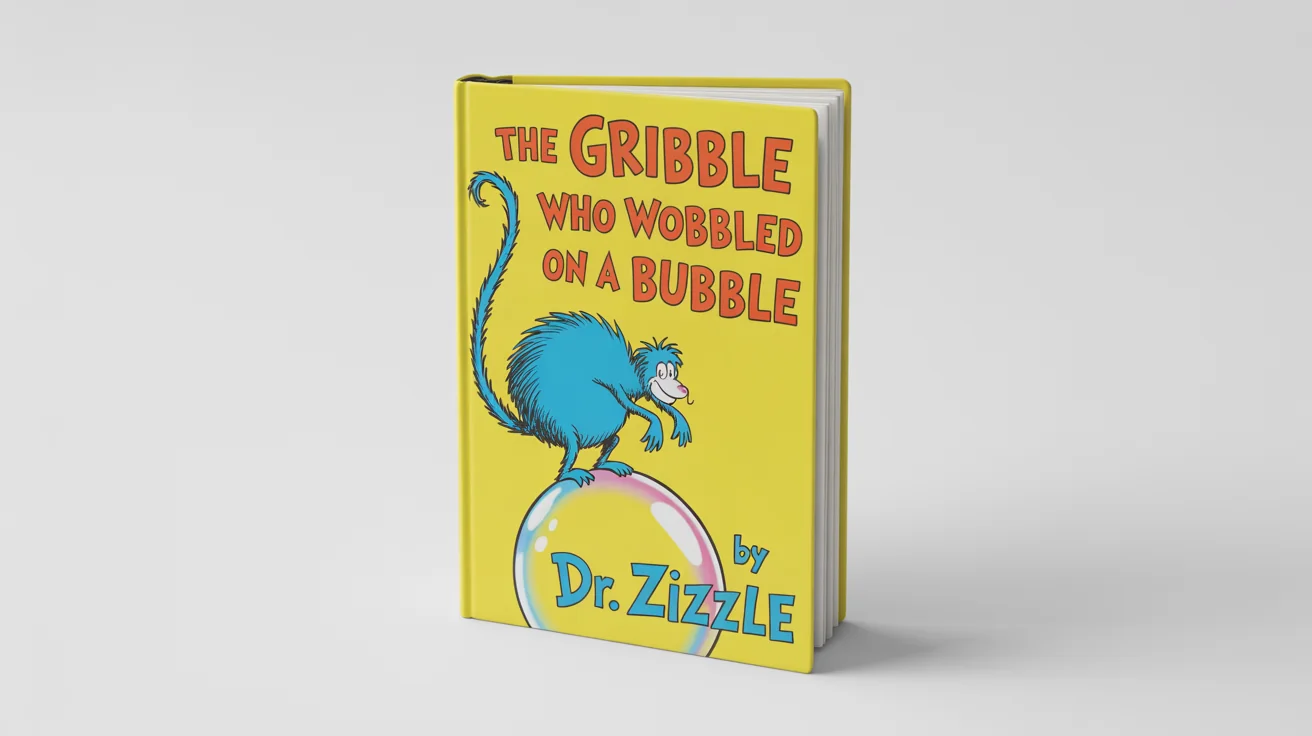 A mockup of a children's book cover designed in the style of Dr. Seuss. The cover shows a whimsical blue creature balancing on a bubble against a yellow background, with the title 'The Gribble who Wobbled on a Bubble'.