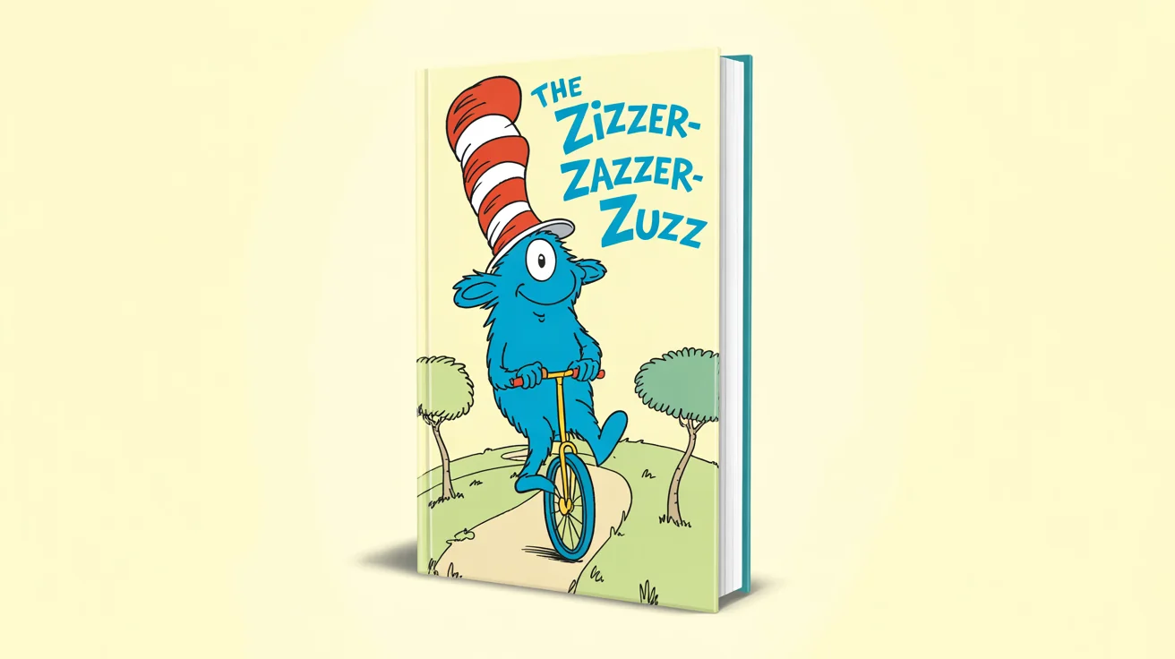 A children's book cover mockup in the style of Dr. Seuss, featuring a whimsical blue creature in a striped hat riding a unicycle, with the title 'The Zizzer-Zazzer-Zuzz'.
