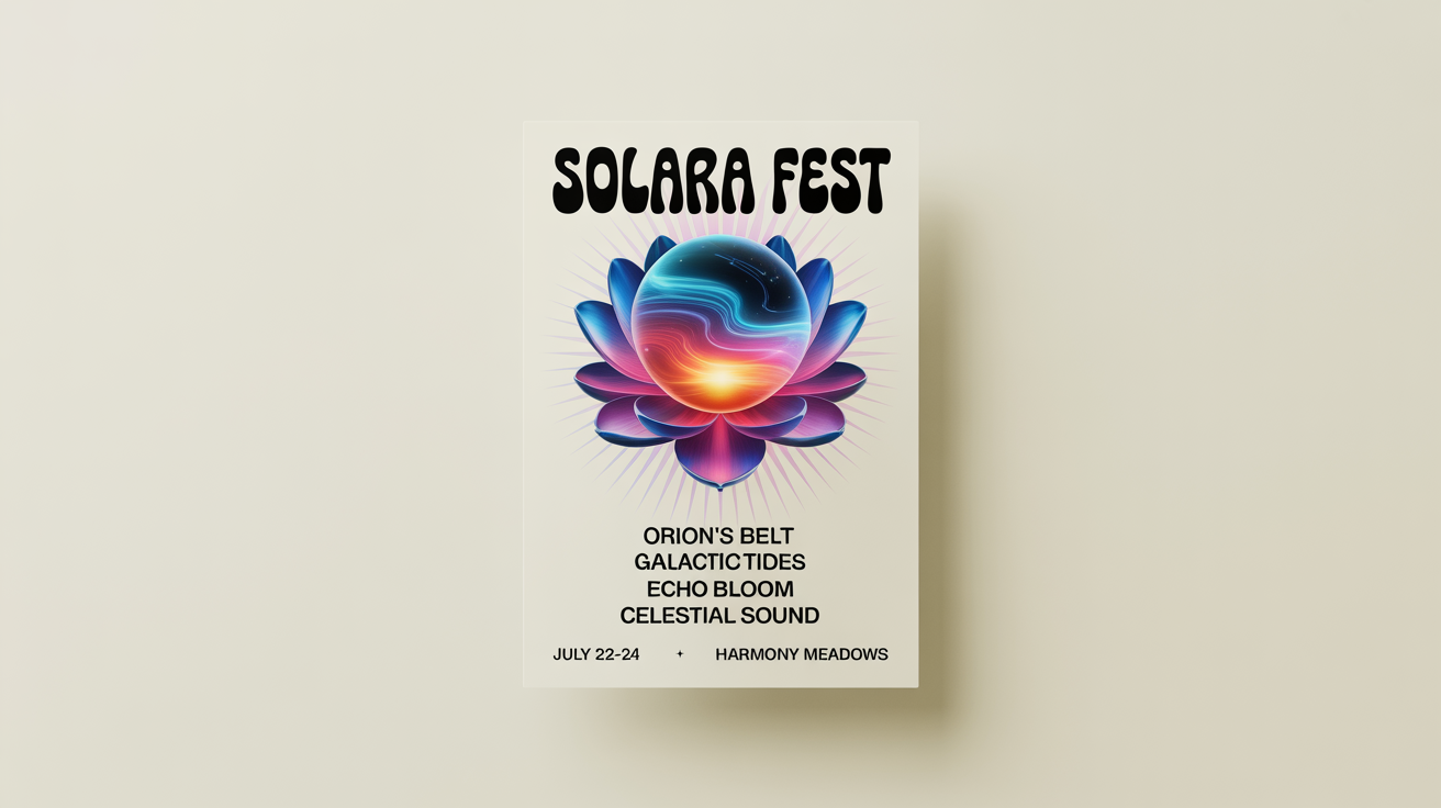 A stunning mockup of a music festival poster for 'SOLARA FEST', featuring a vibrant, psychedelic design with cosmic and floral elements against a clean white background.