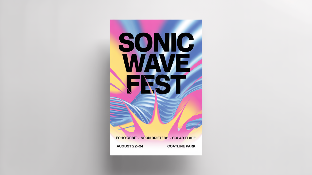 A professionally designed mockup of a vibrant poster for the 'Sonic Wave Fest' music festival, featuring abstract designs and colorful gradients, set against a plain white background.
