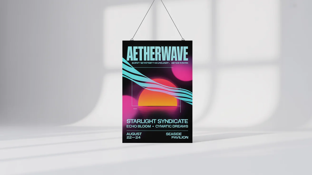 A vibrant, modern music festival poster mockup for an event called 'AETHERWAVE', featuring abstract shapes and bold text, set against a plain white background.