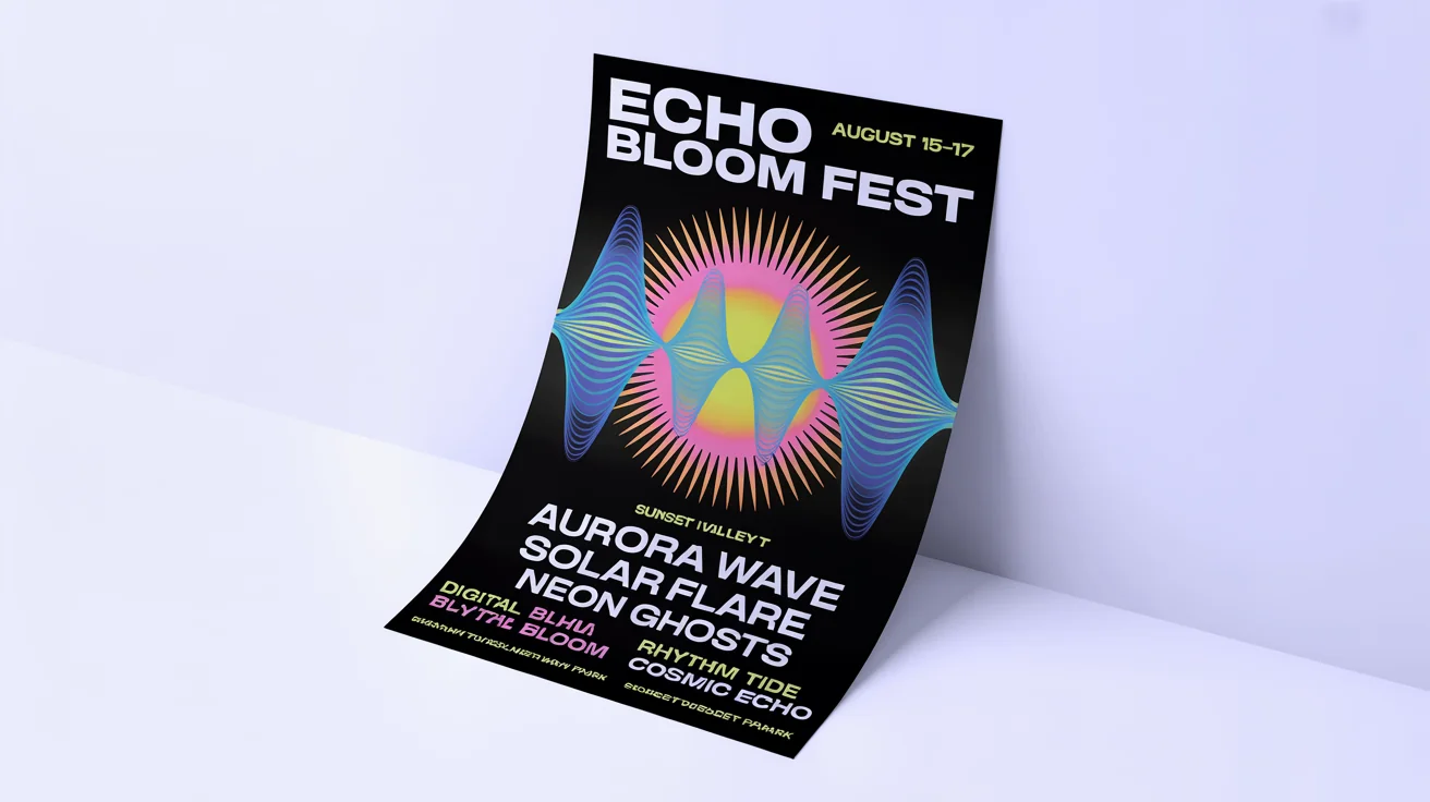 A vibrant music festival poster for 'ECHO BLOOM FEST', featuring psychedelic designs and bold typography, displayed against a clean white background.