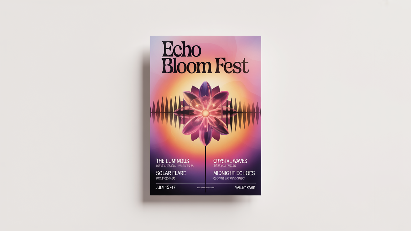 A vibrant mockup of a music festival poster for 'Echo Bloom Fest' on a white background, featuring abstract geometric art and bold, modern typography.