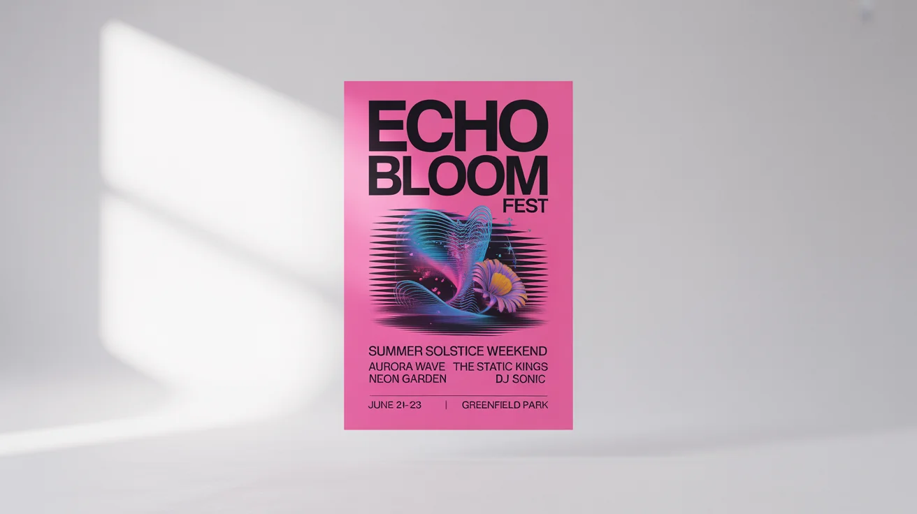 A stunning mockup of a music festival poster for 'Echo Bloom Fest' featuring vibrant colors, abstract graphics, and bold typography, set against a clean white background.