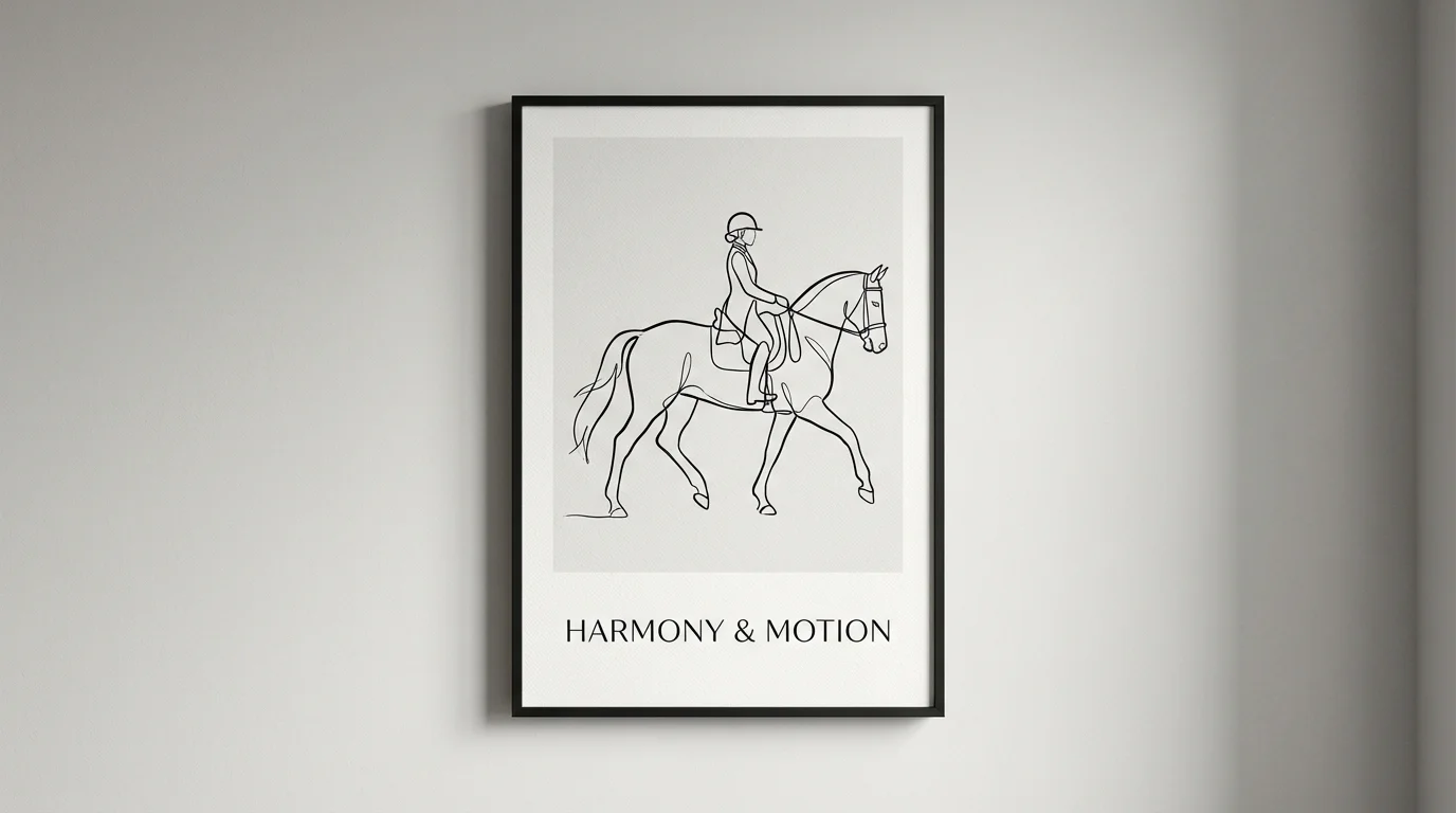 A finished design showing a minimalist line art drawing of a horse and rider, beautifully framed and hanging on a modern gallery wall as a finished piece of art.