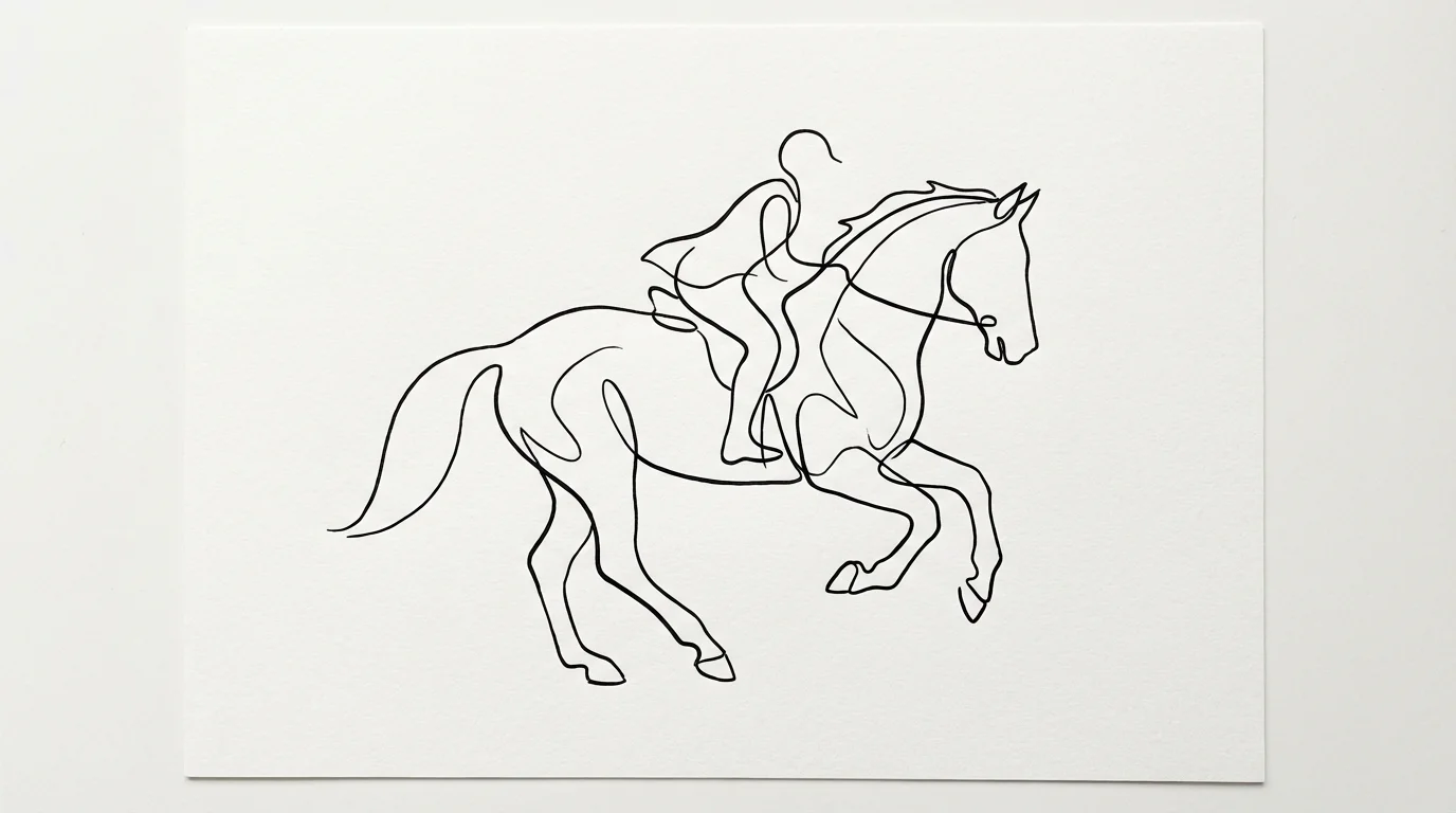 An elegant, minimalist single-line drawing in black ink of a horse and rider in a dynamic pose, isolated on a clean white background.