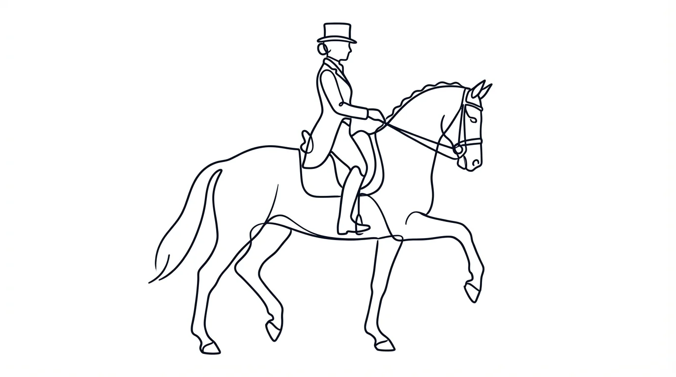 A minimalist black line art drawing of a horse and rider, depicted in a single fluid line on a white background.
