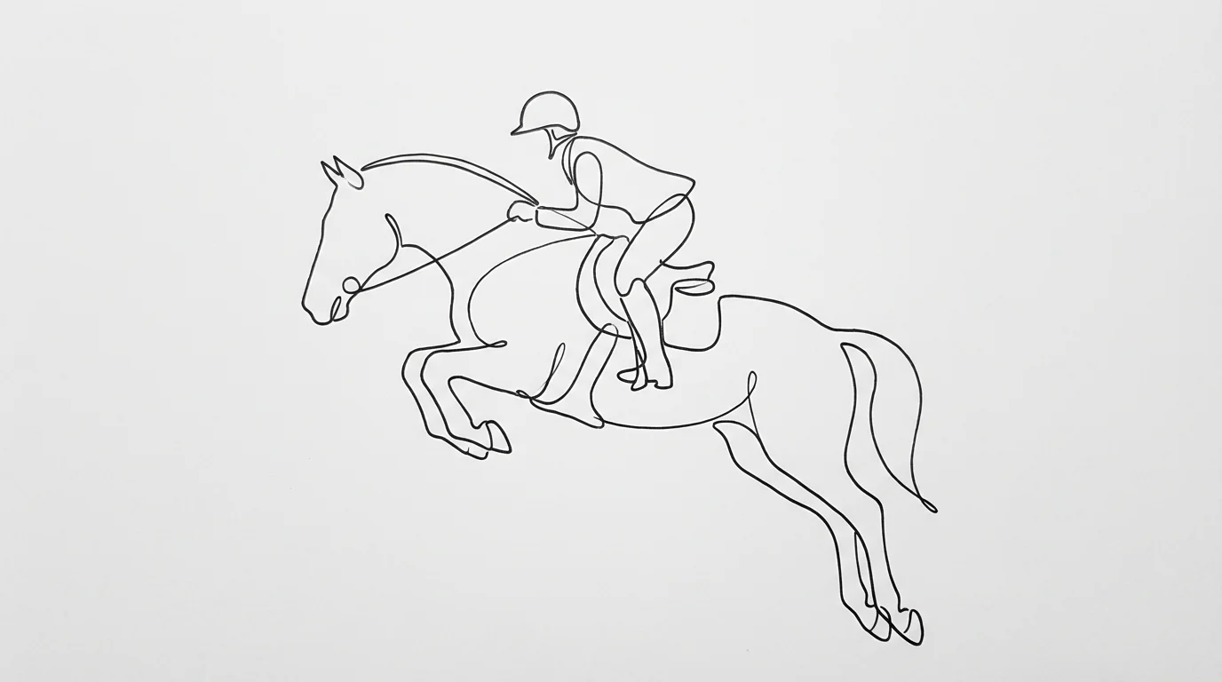 Minimalist single-line art of a horse and rider mid-jump, drawn in a continuous black line on a white background.