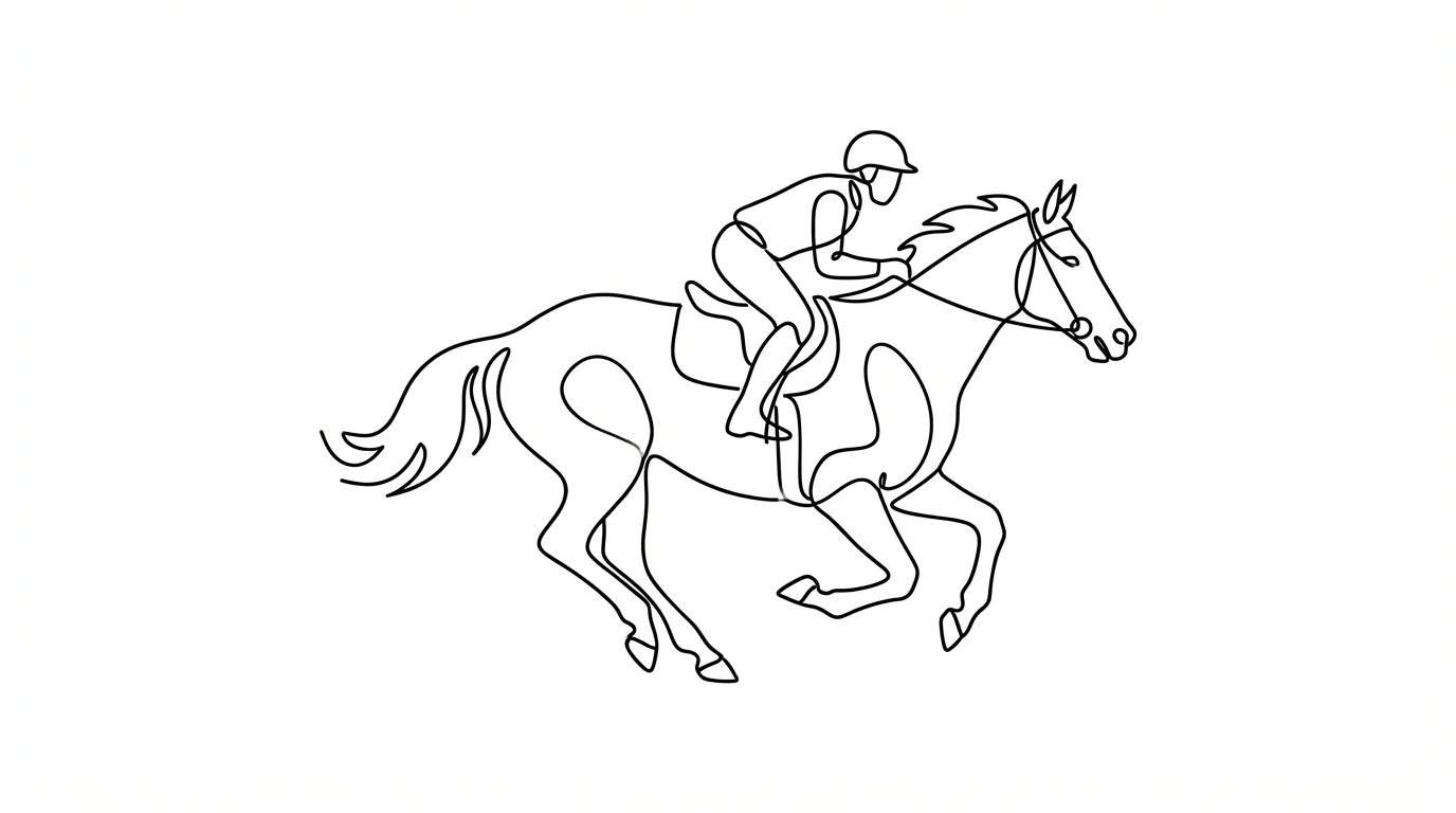A minimalist black line art drawing of a horse and rider in motion, rendered in a single continuous line on a plain white background.