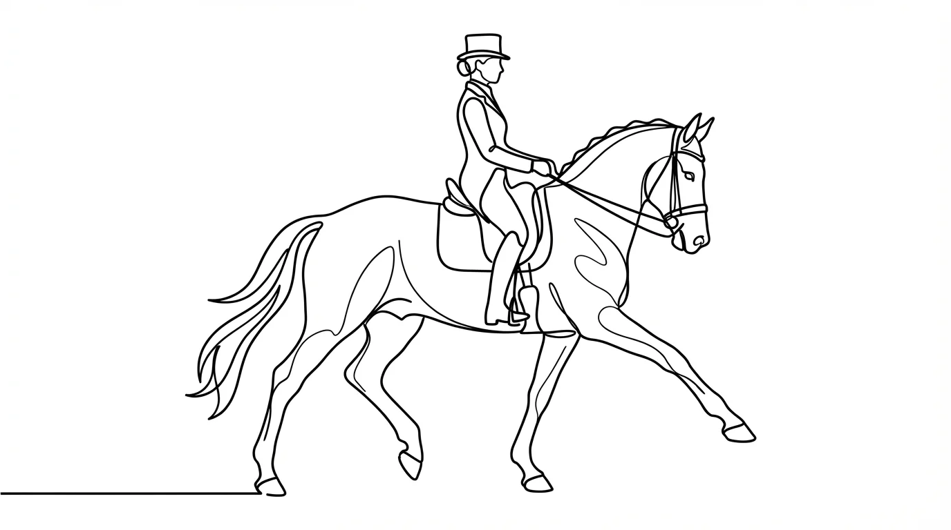A minimalist black and white line art illustration of a horse and rider in profile, drawn with a single continuous line to show their elegant movement.