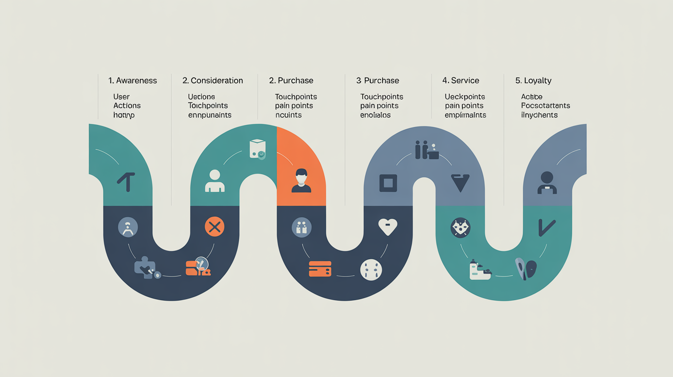 A professionally designed customer journey map shown as a modern digital illustration. The map is laid out in five stages—Awareness, Consideration, Purchase, Service, and Loyalty—with icons and text representing user actions and emotions at each step.