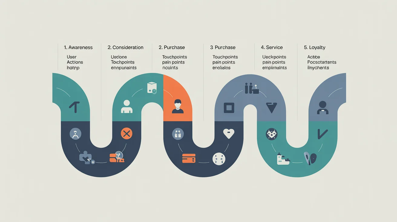 A professionally designed customer journey map shown as a modern digital illustration. The map is laid out in five stages—Awareness, Consideration, Purchase, Service, and Loyalty—with icons and text representing user actions and emotions at each step.