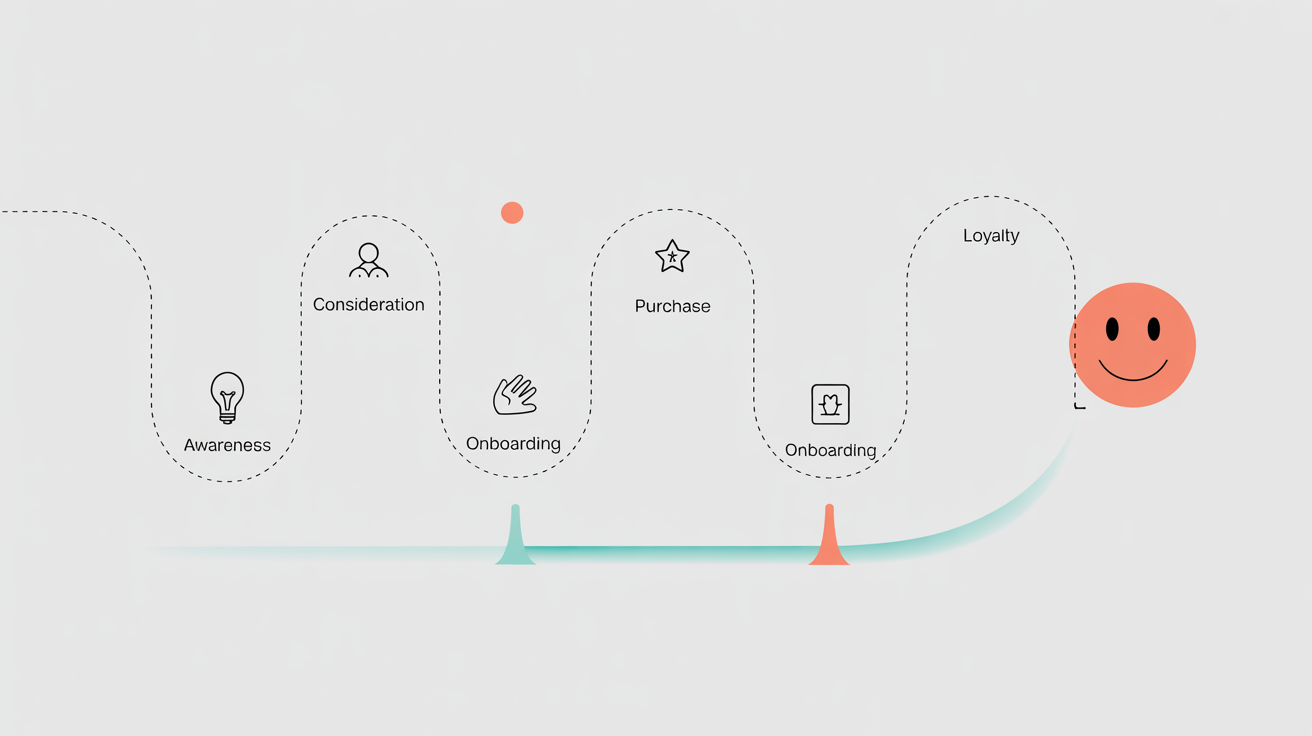 A modern, infographic-style illustration of a customer journey map, showing a customer's path through the stages of Awareness, Consideration, Purchase, Onboarding, and Loyalty on a white background.
