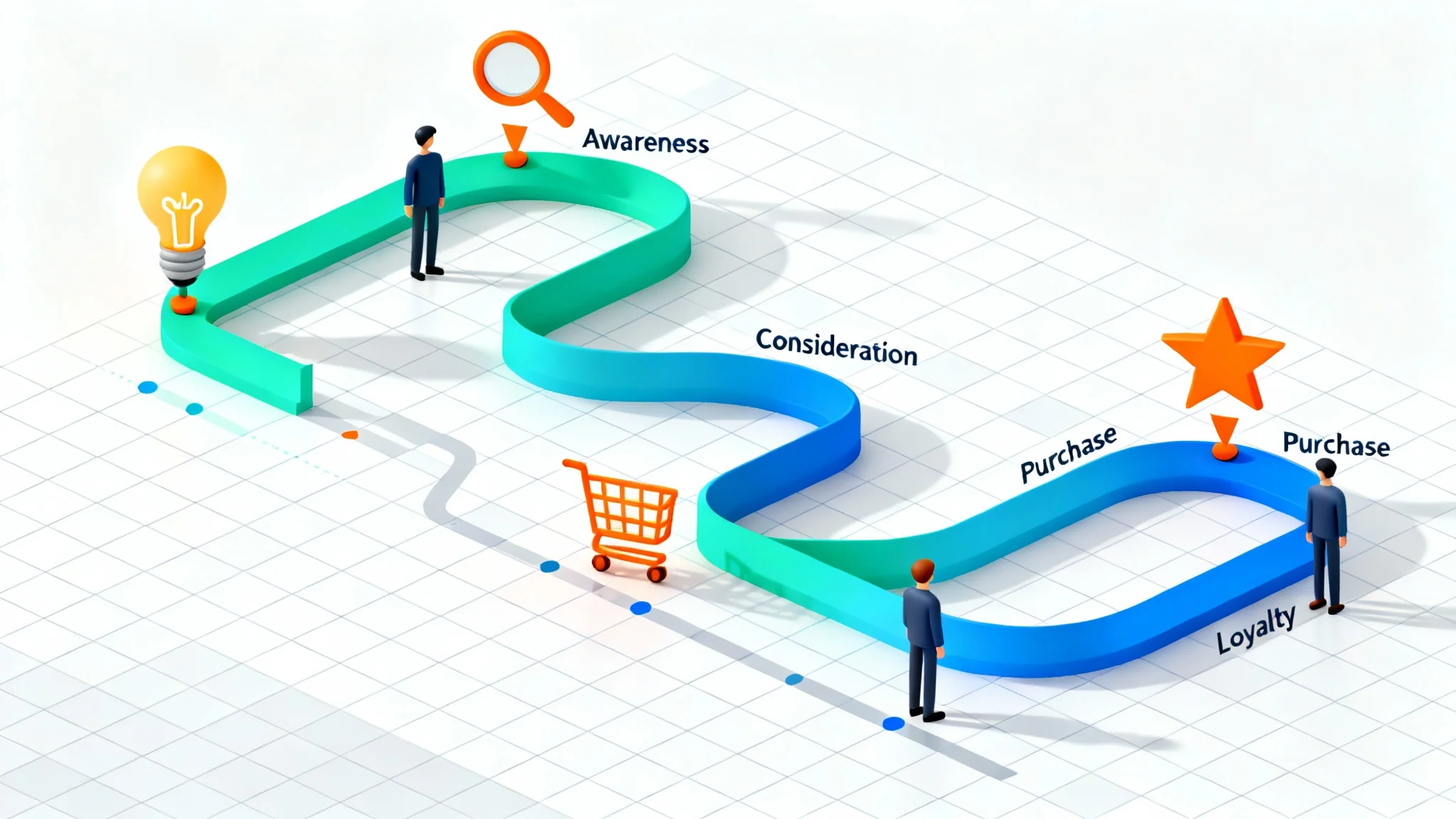 A colorful isometric illustration of a customer journey map, showing a winding path with icons representing different stages of the customer experience, set against a clean white background.