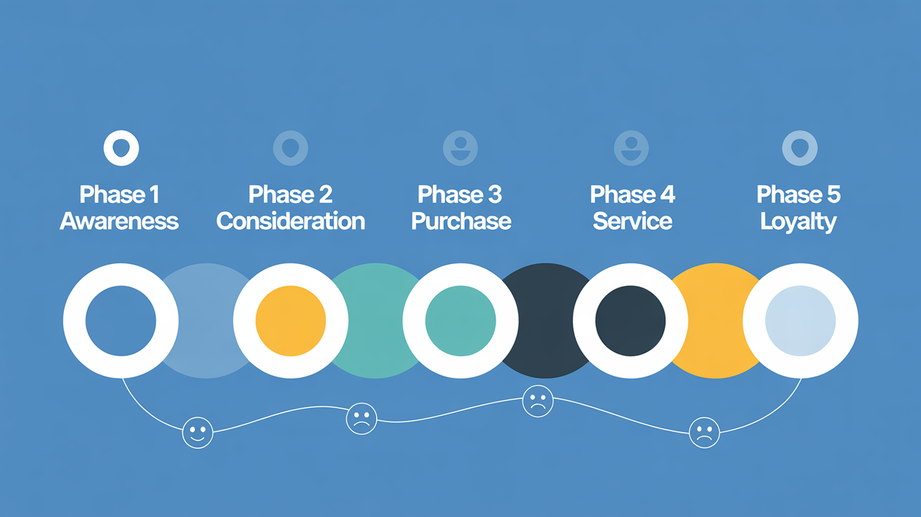 An infographic-style illustration of a customer journey map with five stages: Awareness, Consideration, Purchase, Service, and Loyalty. Each stage is represented by a clean icon on a winding path against a white background.