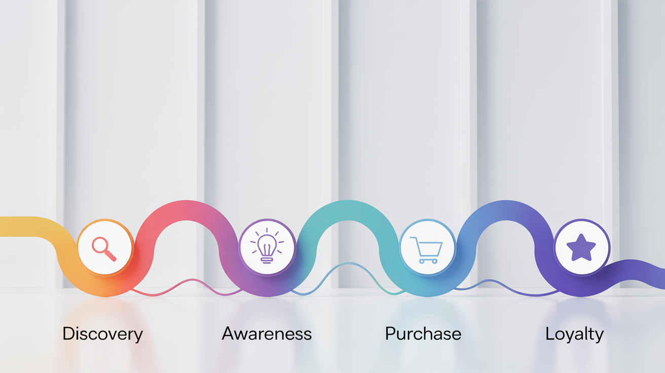 A stylized illustration of a customer journey map, showing a winding path with four key stages: Discovery, Awareness, Purchase, and Loyalty, each marked with an icon.