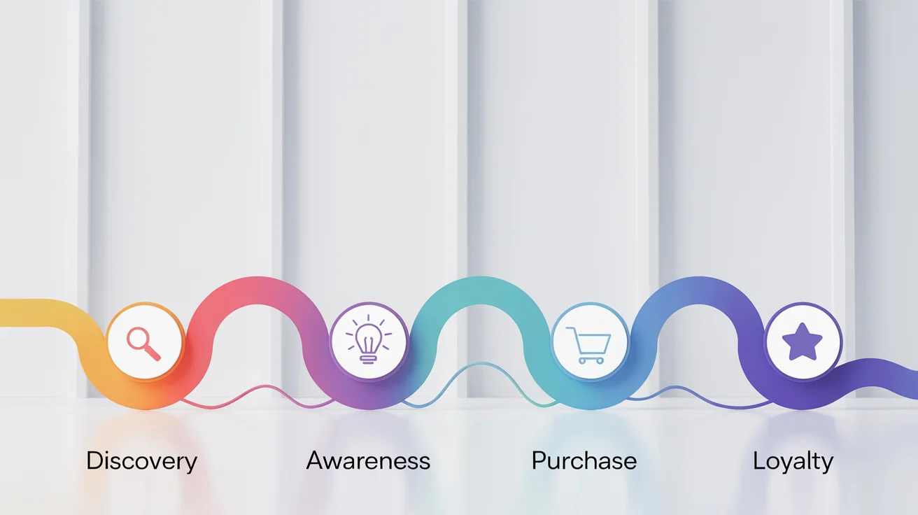 A stylized illustration of a customer journey map, showing a winding path with four key stages: Discovery, Awareness, Purchase, and Loyalty, each marked with an icon.