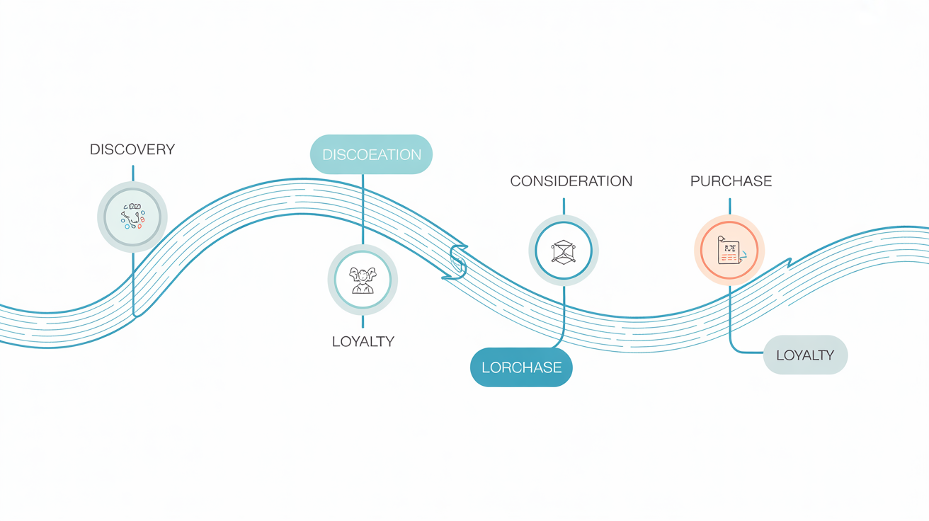 A stylized vector illustration of a customer journey map, showing the four stages of Discovery, Consideration, Purchase, and Loyalty, each represented by an icon on a winding path.