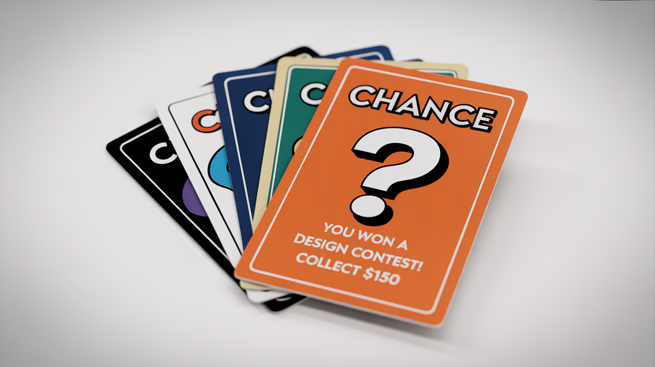 A hero image displaying several custom-made Monopoly Chance cards. The main card in focus is orange and reads 'You won a design contest! Collect $150.'