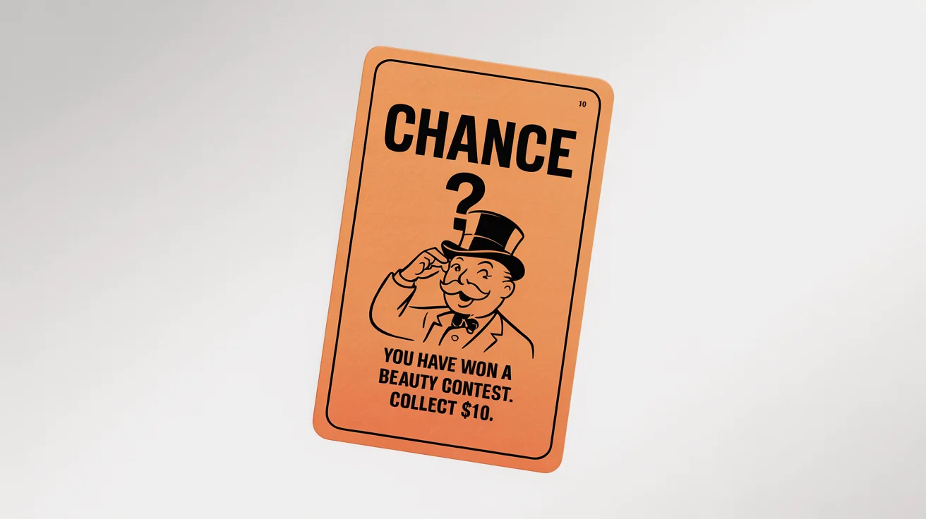 A mockup of an orange Monopoly Chance card on a white background, featuring an illustration of the Monopoly Man and the text 'YOU HAVE WON A BEAUTY CONTEST. COLLECT $10.'