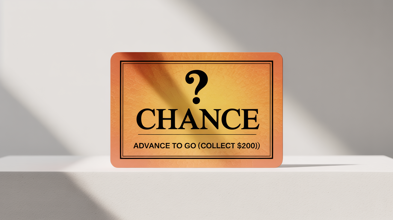 A photorealistic mockup of a classic orange Monopoly Chance card on a white background, with text that reads 'ADVANCE TO GO (COLLECT $200)'.
