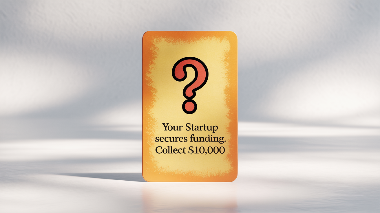 A mockup of an orange Monopoly Chance card on a white background. The card features a red question mark and the text 'YOUR STARTUP SECURES FUNDING. COLLECT $10,000'.