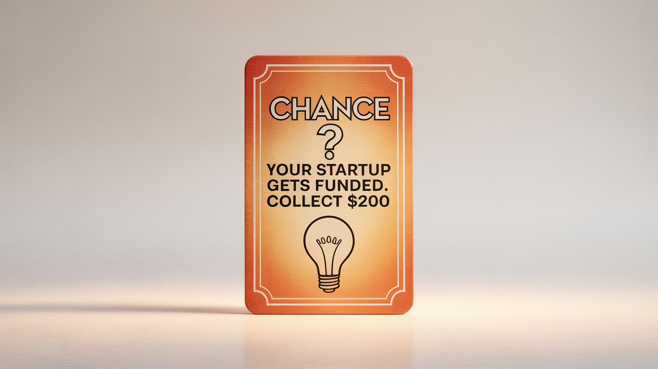 A mockup of an orange Monopoly Chance card against a white background. The card's text reads, 'YOUR STARTUP GETS FUNDED. COLLECT $200'.