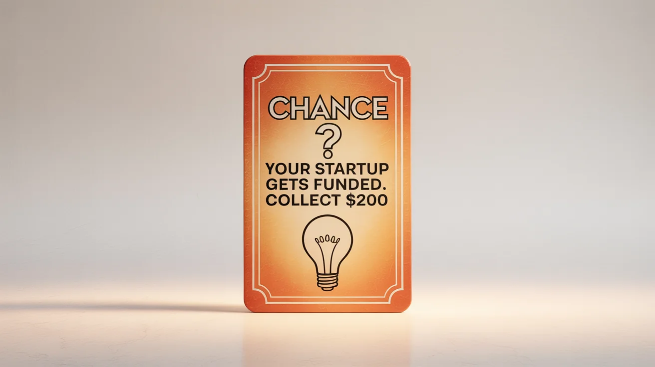A mockup of an orange Monopoly Chance card against a white background. The card's text reads, 'YOUR STARTUP GETS FUNDED. COLLECT $200'.