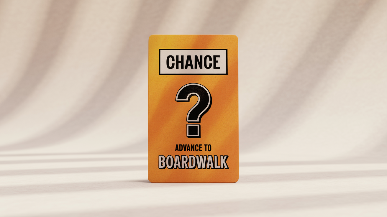 A classic orange Monopoly Chance card with the text 'CHANCE' and 'ADVANCE TO BOARDWALK' displayed on a clean white background.
