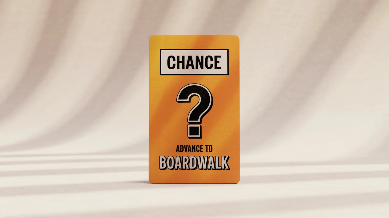 A classic orange Monopoly Chance card with the text 'CHANCE' and 'ADVANCE TO BOARDWALK' displayed on a clean white background.