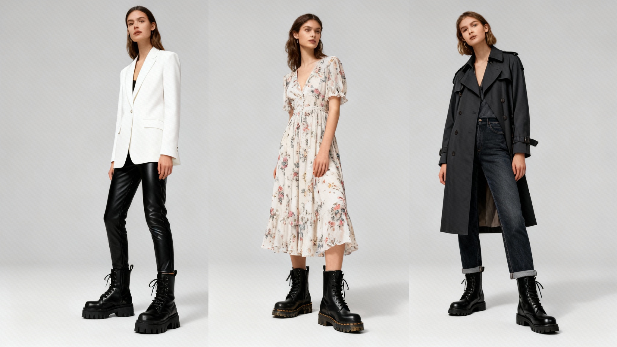 A stylish 16:9 collage demonstrating three ways to style black combat boots against a clean background. One look features leather pants and a blazer, another features a floral dress, and the third features jeans and a trench coat, all with the same boots.