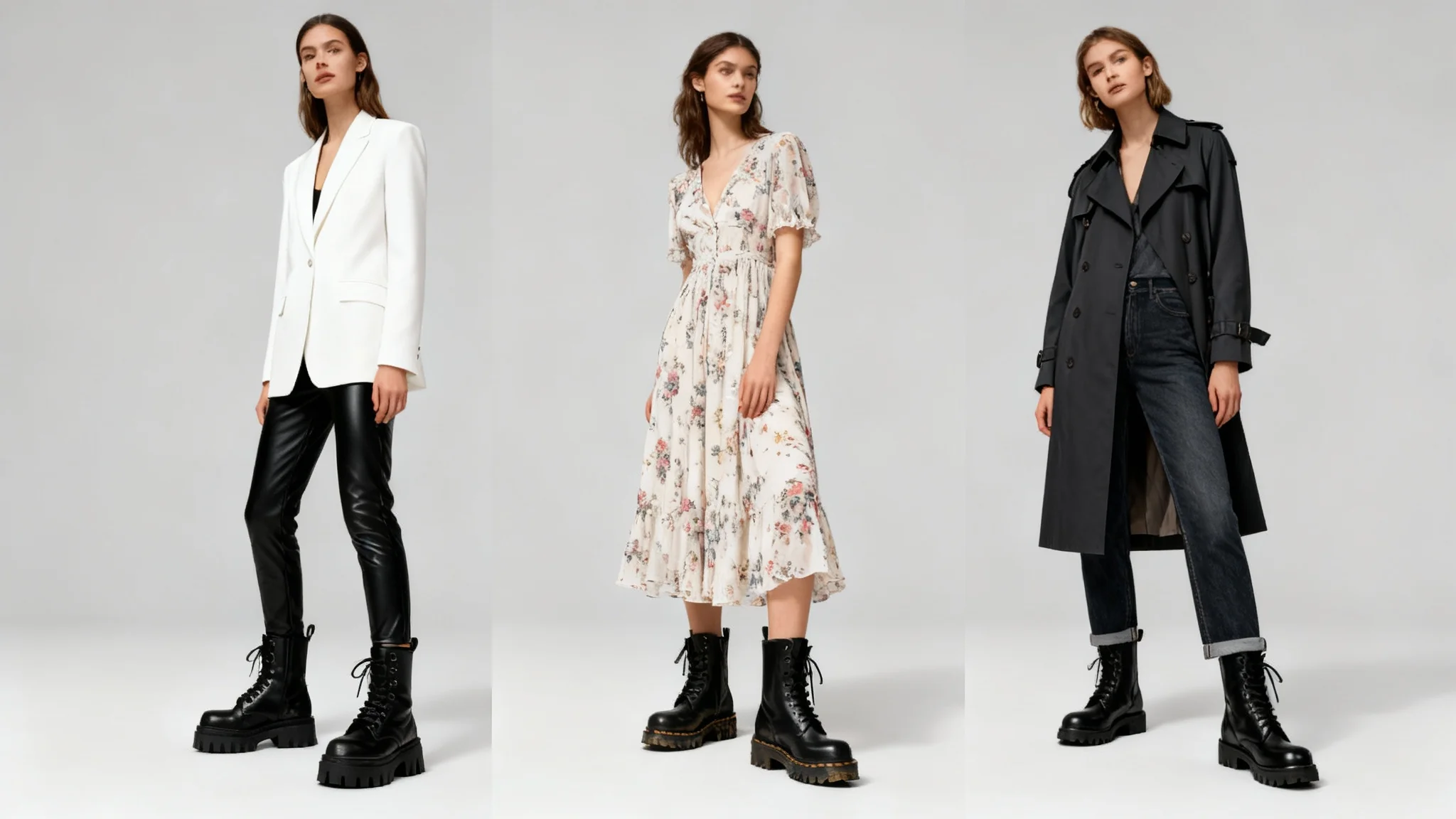 A stylish 16:9 collage demonstrating three ways to style black combat boots against a clean background. One look features leather pants and a blazer, another features a floral dress, and the third features jeans and a trench coat, all with the same boots.